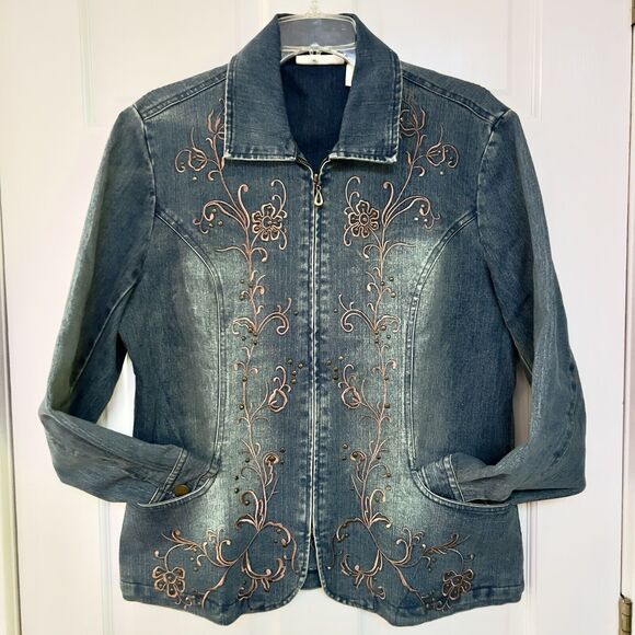 Tantrums Denim Jacket L Full Zip Pink Embroidery Studded Fitted Point Hem Blazer - Picture 1 of 9